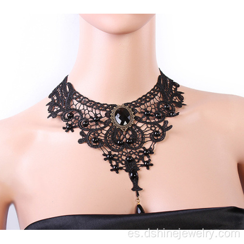 Encaje negro perla collar de novia gótica